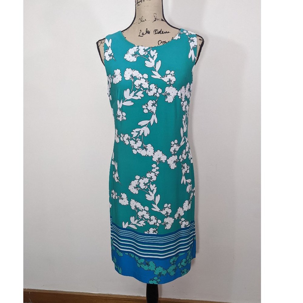 NWT CHAPS Floral Jersey Sheath Dress Green Blue White Stretch Sleeveless